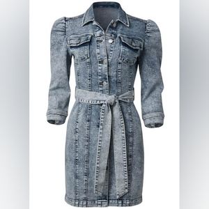 VENUS Blue Sheath Dress with Puff Sleeves and Notched Collar